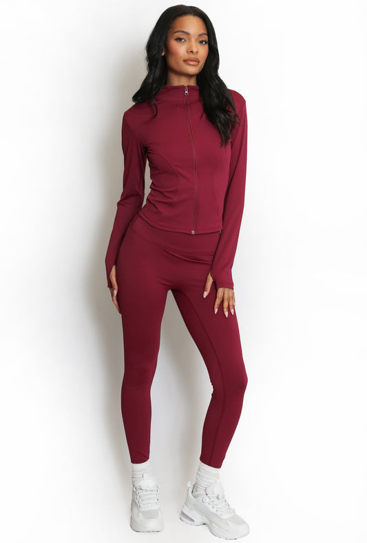 Burgundy Zip Up Gym Jacket & Push Up Legging Set