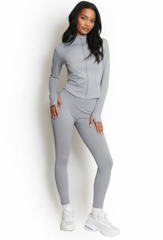 Grey Zip Up Gym Jacket & Push Up Legging Set