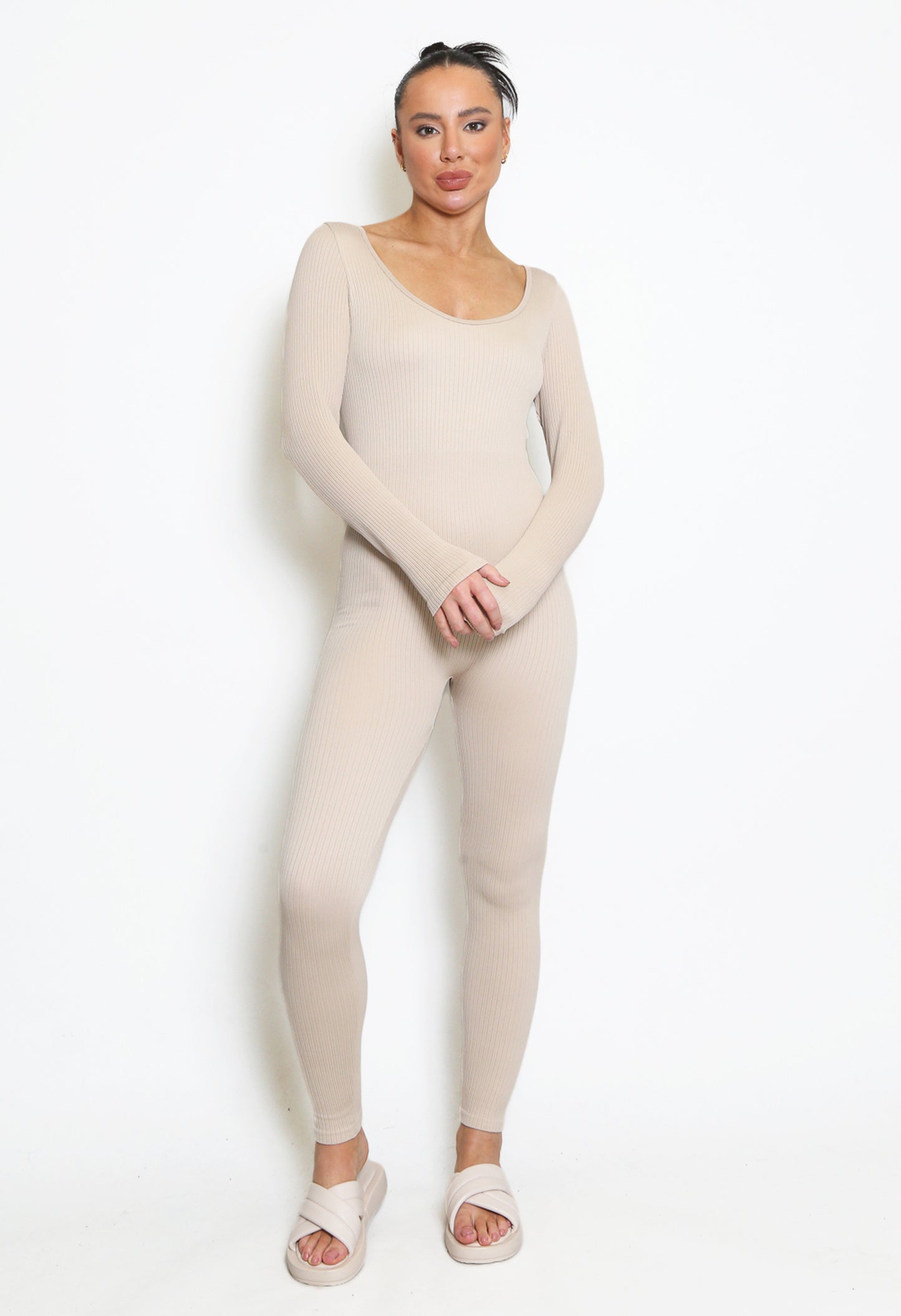Long Sleeve Ribbed Jumpsuit Beige