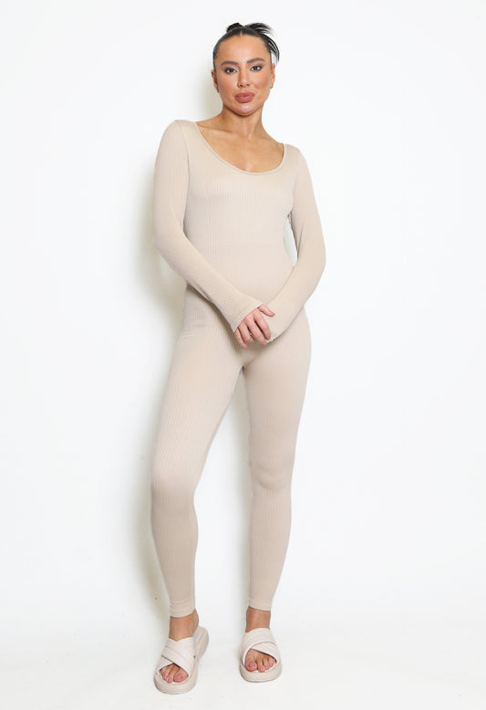 Long Sleeve Ribbed Jumpsuit Beige