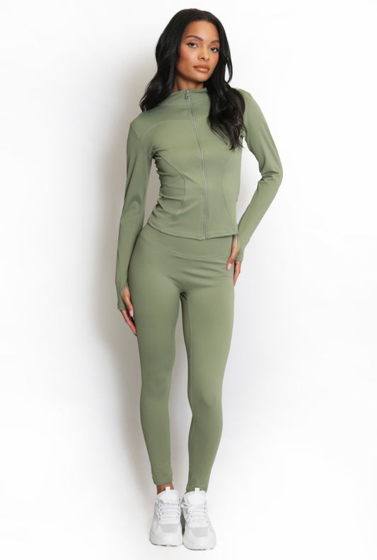 Khaki  Zip Up Gym Jacket & Push Up Legging Set